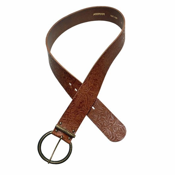 ANTONIAZZI Firenze Brown Tooled‎ Leather Wide Waist Belt